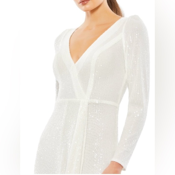 Mac Duggal 26395 NWT White Faux Wrap Long Sleeve Sequin Gown - Picture 3 of 6